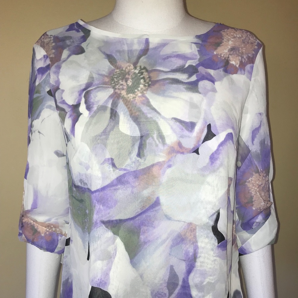 Jennifer Lopez JLO  Lilac White Floral Dolman Sleeve Back Pleated Blouse NEW NWT